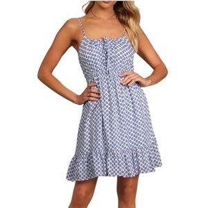 Lulus Grecian Getaway Blue and White baby doll ruffles Print Lined Mini Dress S